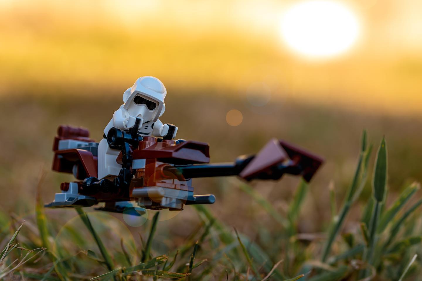 Lego scout trooper taking a leisurely sunset ride!